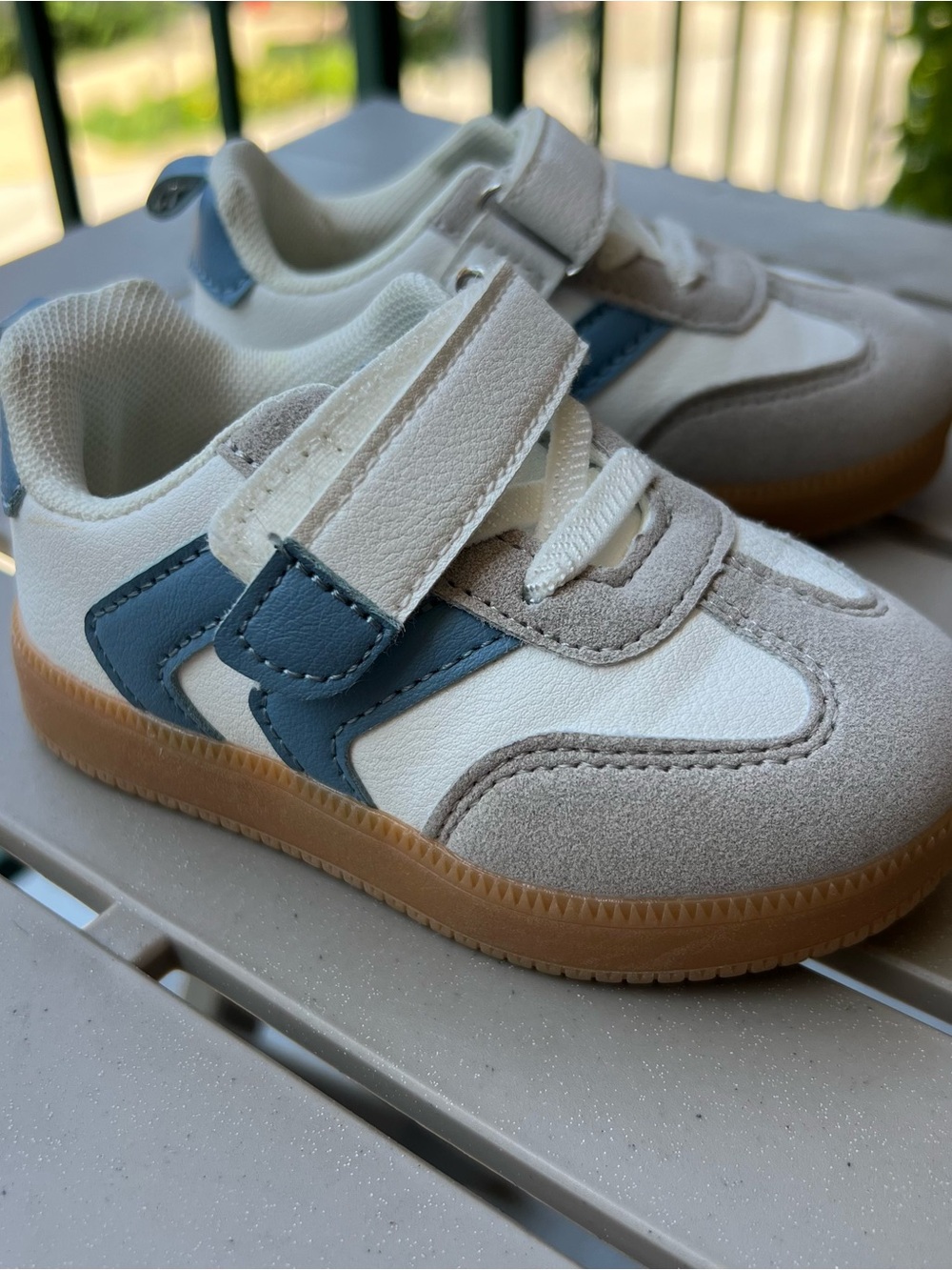 Kids White, Light Gray & Blue Velcro Athletic Sneaker